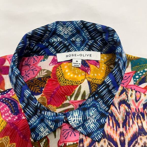 Rose + Olive Animal Floral Paisley Print Sheer Long Sleeve Collared Blouse M - Picture 6 of 9